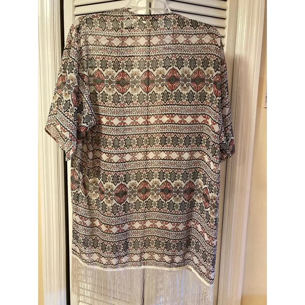 Black Rain Boho Fringe Open Front Kimono Geometric  Sz S (runs large) - Picture 4 of 10